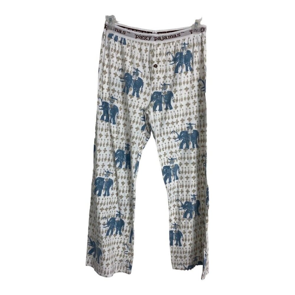 Mens Piggy Pajama Lounge Pants Adult Size Large White Blue Elephants Button Fly